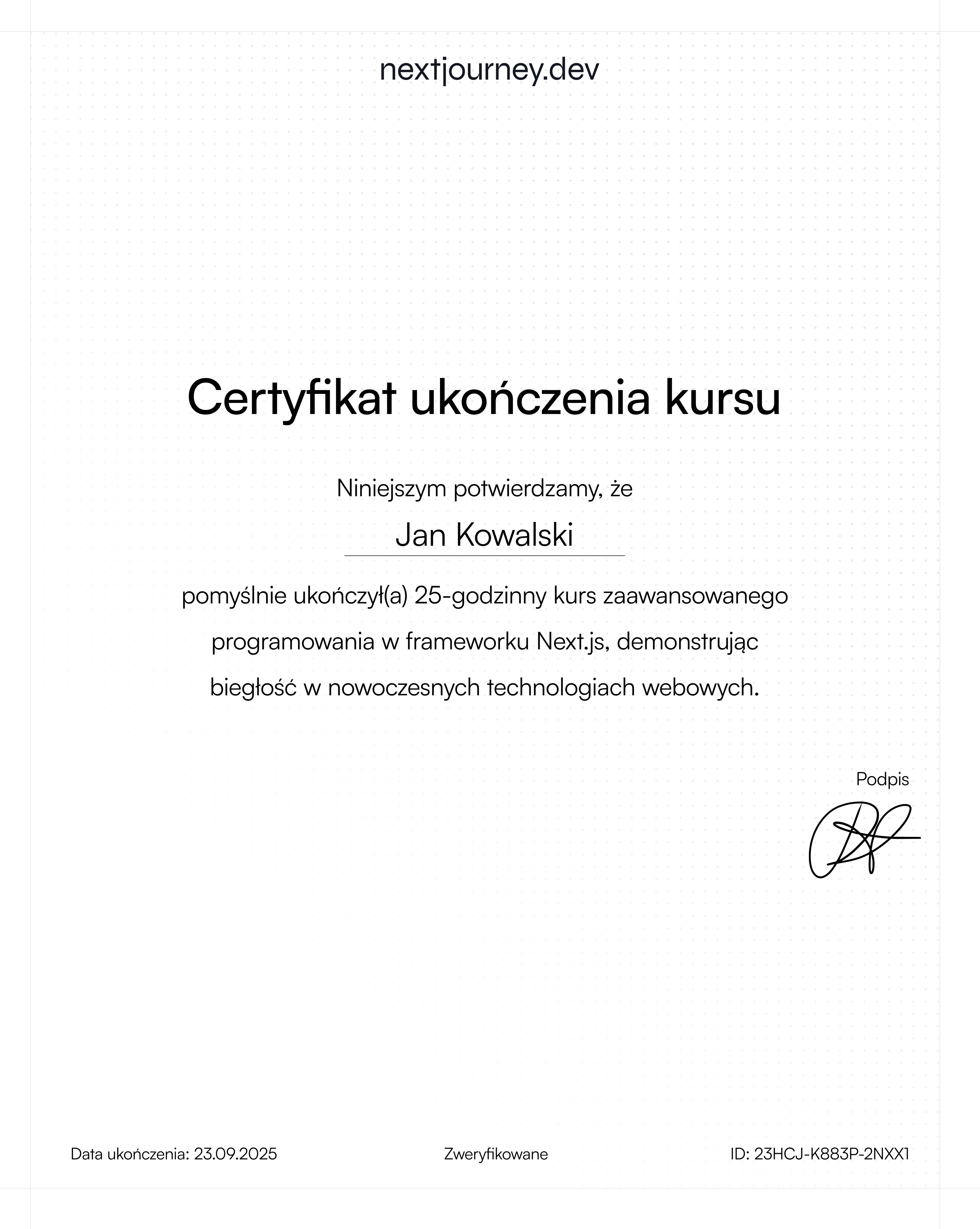 Certyfikat ukończenia kursu Next.js